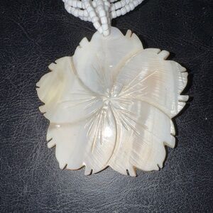 White mother of pearl Flower Pendant with Multi Strand Seed Bead Necklace